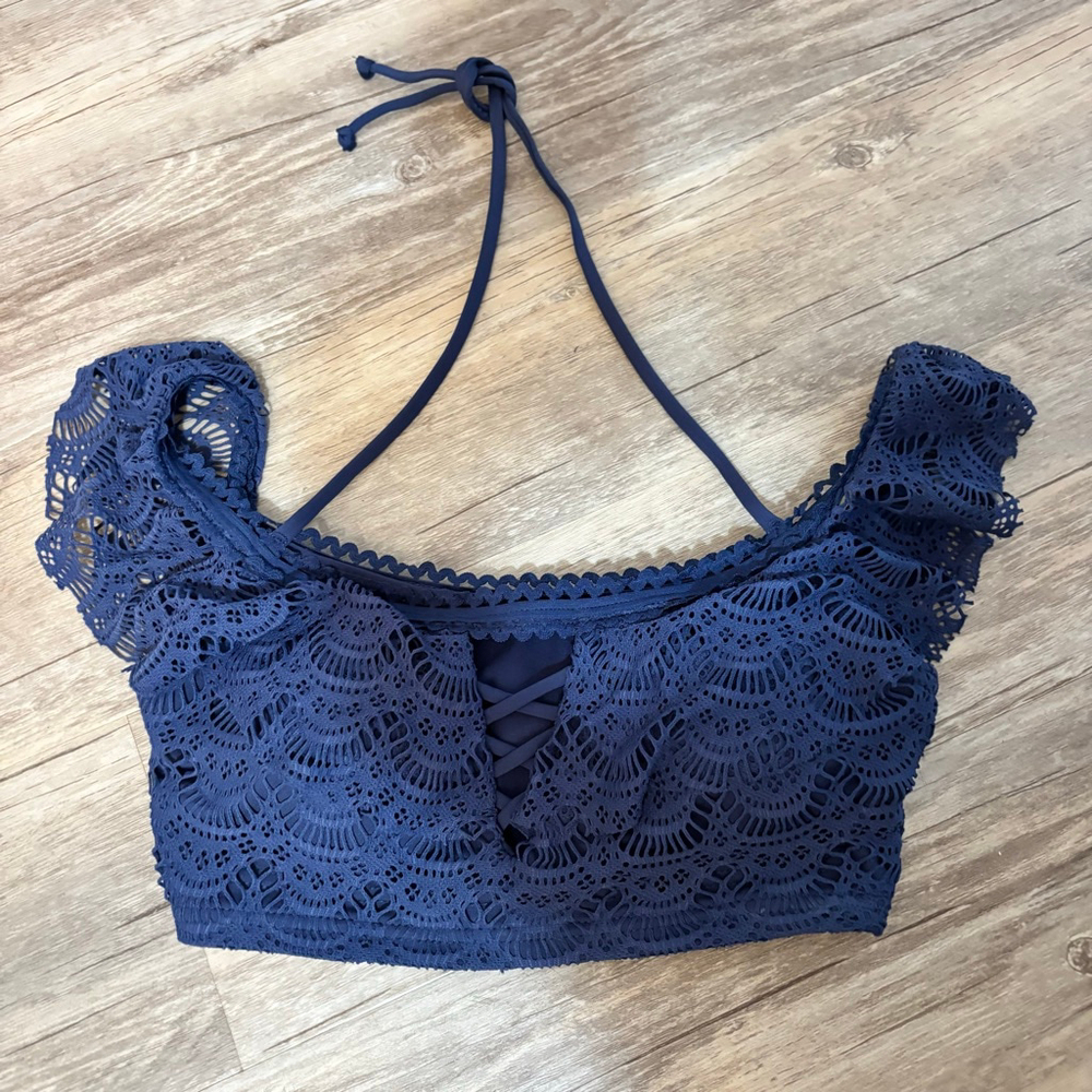Women's BECCA by Rebecca Virtue Navy Blue Crochet Off-Shoulder Bikini Top S